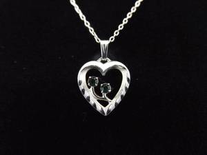 lot 15 image: .925 Sterling Silver Emerald Crystal Accented Etched Heart Pendant Necklace