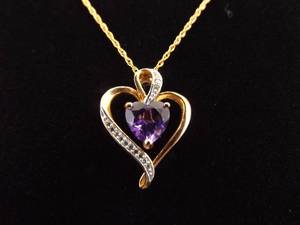 lot 22 image: .925 Sterling Silver Diamond Accented Amethyst Crystal Heart Pendant Vermeil Necklace
