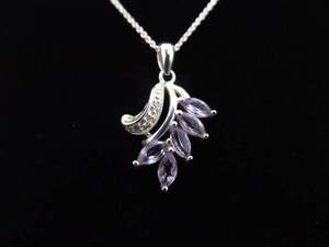 lot 23 image: .925 Sterling Silver Amethyst Crystal Leaf Sprout Pendant Necklace