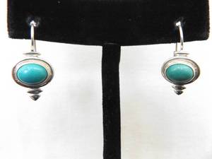 lot 82 image: .925 Sterling Silver Turquoise Cabochon Hinged Hook Latch Earrings