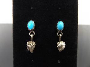 lot 84 image: .925 Sterling Silver Turquoise Cabochon Leaf Dangle Post Earrings