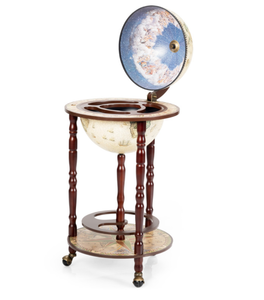 lot 35 image: Costway 17 Inch Italian Style Design Wooden Globe Liquor Bottle Wine Rack with Wheels 17.5 x 17.5 x 34.5 (L x W x H)