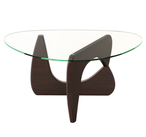 lot 90 image: Costway Triangle Coffee Table with Tempered Glass Top and Adjustable Rubber Wood Base (Missing Hardware)