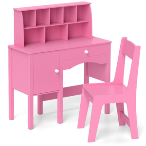lot 92 image: Costway Kids Study Desk And Chair Set With Chair Hutch And Storage Cabinet For 3 Years Old-Pink  Table Dimension 31 x 13.5 x 36