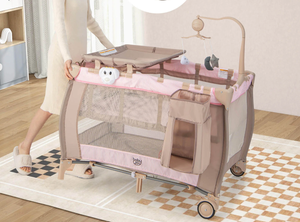 lot 93 image: CostwayPortable Baby Playard Nursery Center Crib with Hanging Toys & Music Box Unisex 0-3 Years