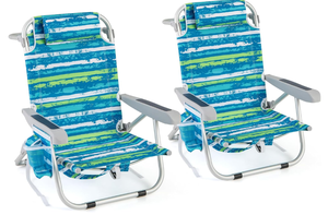 lot 100 image: GYMAX Beach Chair, 330lbs Backpack Lounger with 5-Position Backrest, Storage Bag, Side Pocket, Towel Bar & Headrest, Foldable Low Beach Lounge, Portable Aluminum Lay Out Camp Chair (2, Blue)
