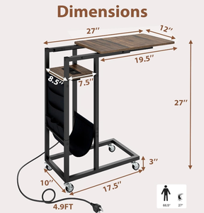 lot 121 image: Giantex C Shaped End Table with Charging Station, 27H Slide Under Couch Side Table wWheels, Outlets & USB Ports, Storage Bag, Small Laptop Sofa TV Tray C Table for Living Room, Rustic Brown 12D x 27W x 27H