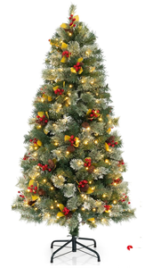 lot 122 image: HAPPYGRILL 5 FT Pre-lit Slim Christmas Tree with 453 Branch Tips, 230 LED Lights, 8 Lighting Modes, Pine Needles, 40 Natural Pine Cones, Red Berries & Artificial Leaves