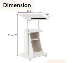 lot 135 image: MEDIMALL Mobile Laptop Desk, Height Adjustable Podium Stand w 4 Wheels & Tiltable Desktop, Rolling Lectern Cart Laptop Desk with Storage Shelves for School, Office, Home, White Product Dimensions 21.5 x 15.5 x 27-47.5(L x W x H)