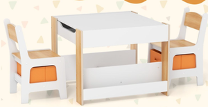 lot 139 image: Costway 4 in 1 Kids Table and Chairs Set with Reversible Tabletop and Bookshelves (Grey Storage Boxes)