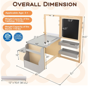 lot 214 image: Costzon Easel for Kids, Wooden Art Center with Double-Sided Blackboard & Whiteboard, Paper Roll for Drawing, Crafts, Writing, Toddler Activity Table with Storage, Kids Table and Chair Set (Grey)