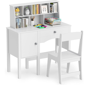 lot 250 image: Costzon Kids Desk and Chair Set, Wooden Children Study Desk wHutch, Large Cabinet and Drawer for Home School Writing, Reading & Drawing, Computer Workstation Student Table and Chair for 3 (White) (USED, Maybe Missing Hardwear)