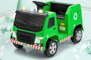 lot 313 image: OLAKIDS Ride on Car, Recycling Garbage Truck Electric Vehicle with Music, Horn, Warning Lights, Recycling Accessories Included, Toddlers Battery Powered Trash Toy for Boys Girls (Green) (Maybe Missing Hardware)