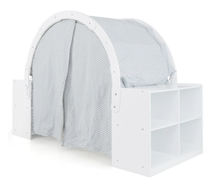 lot 330 image: Costway Wooden Kids Play Tent with Curtain Shades and 8 Cubbies-White (USED, Maybe Missing Hardwear, Missing Instructions)