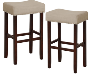 lot 363 image: COSTWAY Counter Height Bar Stools Set of 2, 29.5-inch Backless Saddle Stools with Nailhead Trim, Footrest, Max Load 330 Lbs, Upholstered Barstools for Kitchen Island Pub, Beige