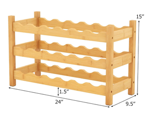 lot 151 image: COSTWAY 3-Tier Bamboo Wine Rack, 18-Bottle Tabletop Wine Holder with Wave Slot, Freestanding Countertop Wine Bottle Organizer for Kitchen, Pantry, Pub & Wine Cellar, Natural (24.5L x 9.5W x 15H)
