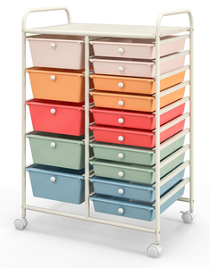 lot 182 image: Costway 15 Drawer Rolling Storage Cart, Mobile Utility Cart with Lockable Wheels, Drawers, Multipurpose Organizer Cart for Home, Office, School, Mixed Color 14.5D x 25W x 34.5H