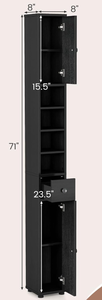 lot 282 image: Tangkula Tall Slim Bathroom Storage Cabinet, 71 Freestanding Bathroom Cabinet w 2 Doors, 1 Drawer & 5 Adjustable Shelves, Floor Narrow Tower Cabinet for Small Spaces, 8 x 8 x 71 (Black)