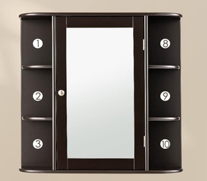 lot 421 image: COSTWAY Mirror Cabinet Bathroom, 4 Compartments and 6 Open Shelves, Bathroom Cabinet with Mirror, Hanging Bathroom Cabinet, Wood, 66 x 17 x 63 cm (Brown)