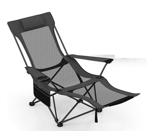 lot 424 image: Goplus Camping Lounge Chair wDetachable Footrest, Folding Beach Chair w4-position Backrest, Carrying Bag, Removable Pillow, Cup Holder, Storage Pouch, Reclining Chair, 330LBS Capacity (Grey,1)