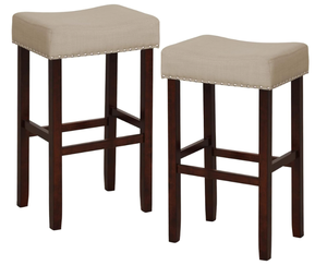 lot 434 image: COSTWAY Counter Height Bar Stools Set of 2, 29.5-inch Backless Saddle Stools with Nailhead Trim, Footrest, Max Load 330 Lbs, Upholstered Barstools for Kitchen Island Pub, Beige