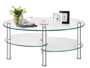 lot 456 image: FANTASK Tempered Glass Coffee Table, Oval 3-Tier Steel Tea Table wSpacious Glass Desk-Top, Open Storage Shelf, Modern End Side Table for Home Living Room Office Reception (Clear Glass, Only Coffee Table) 20D x 35W x 18H
