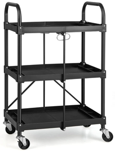lot 16 image: IRONMAX Folding Service Cart with Wheels, Heavy Duty Metal 3 Tier Foldable Utility Cart wUniversal Wheel & Compartments, Collapsible Tool Push Cart for Home Garage Office