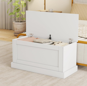 lot 17 image: LOKO 35.5 Storage Bench, Lift Top Storage Box with Metal Hinges, Entryway Storage Chest with Safety Hydraulic Strut, Large Farmhouse Storage Trunk for Living Room, Bedroom (White)