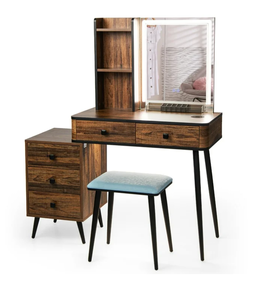 lot 89 image: Costway Vanity Set with Dimmable Lighted Mirror 3 Lighting Modes Brown  Table Dimension 31.5x 15.5x 51(L x W x H) Stool Dimension 15.5x 12x 17.5(L x W x H) 3-Drawer Chest Dimension 15.5x 14x 24.5(L x W x H)