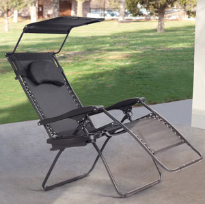 lot 185 image: Sumyeg Folding Recliner Lounge Chair with Shade Canopy Cup Holder Black Steel Frame Stationary Chaise Lounge Chair with Black Sling Seat