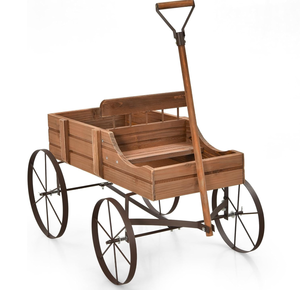 lot 194 image: FIREFLOWERY Wooden Wagon Planter, 2 Planting Sections, Wheels & Handle, Rustic Farmhouse Garden Planter Box for Patio, Yard, Porch (Walnut) 24.5D x 24W x 13.5H