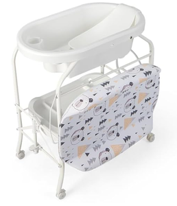 lot 198 image: HONEY JOY Baby Changing Table with Bathtub, Foldable Infant Diaper Changing Station with Wheels, Storage Tray, Waterproof Pad, Portable Newborn Nursery Organizer Bath Stand for Boys Girls (White)