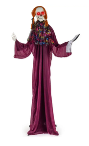 lot 470 image: Boyel Living - 6ft Halloween Animated Scary Girl Holding Book with Light-Up Eyes and Sound Moving Arms and Head - Purple (Not Tested)