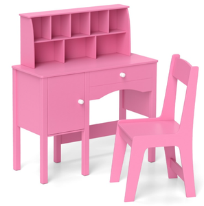 lot 491 image: Costway Kids Study Desk And Chair Set With Chair Hutch And Storage Cabinet For 3 Years Old-Pink