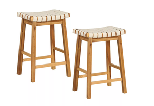 lot 398 image: Costway Woven Saddle Stools Set of 2 25.5 Faux PU Leather Counter Height Kitchen Stool Beige