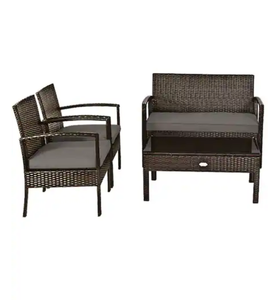 lot 237 image: Costway - 4PCS Rattan Patio Conversation Set Outdoor Furniture Set Garden wCushion - Brown (Glass Is Damaged)