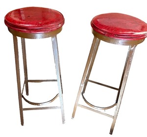 lot 17 image: Pair of Vintage Metal Bar Stools with Red Vinyl Seats (32.5)