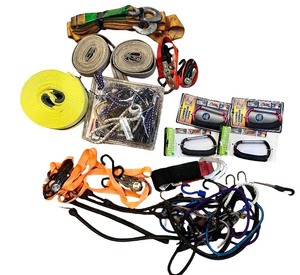 lot 27 image: Collection of Tie Down Straps, Bungee Cords, and Jumbo Aluminum Hooks