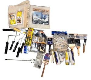 lot 28 image: Large Assortment of Painting Supplies and Tools with Drop Cloths