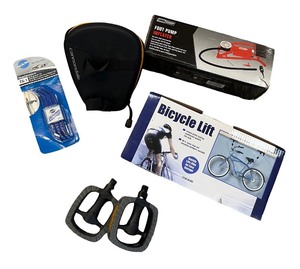 lot 39 image: Bicycle Accessory Lot with Foot Pump, Bicycle Lift, Pedals, and Tire Levers