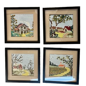 lot 52 image: Set of 4 Framed Needlepoint House and Landscape Scenes