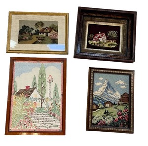 lot 53 image: Set of 4 Framed Vintage Needlepoint Cottage and Landscape Scenes