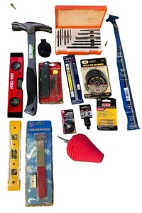 lot 78 image: Assorted Hand Tools and Accessories Collection including Hammer, Levels, and Blades