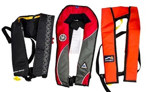 lot 83 image: Set of 3 Inflatable Life Vests, West Marine, Sospenders, and Stearns