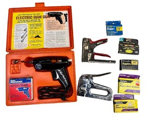 lot 87 image: Lot of Heavy Duty Staple Guns, Hot Melt Glue Gun Set, Radios, Padlock, and Accessories