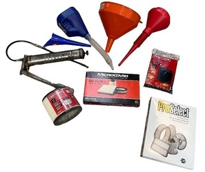 lot 91 image: Automotive Maintenance Tool and Filter Group with Funnels and Grease Gun