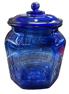 lot 96 image: Vintage Blue Glass Planters Peanut Jar with Lid