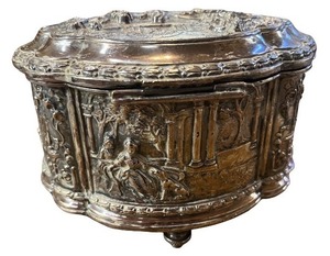 lot 99 image: Antique Ornate Silver-Tone Jewelry Box with Velvet Lining