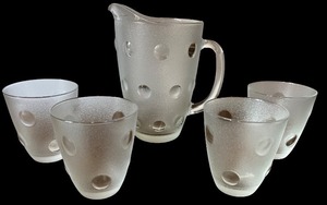 lot 100 image: Frosted Glass Polka Dot Pitcher and 4 Tumbler Set