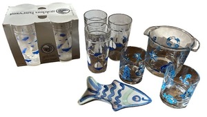 lot 101 image: Coastal Glassware Set with Pitcher, Tumblers, and Fish Dish